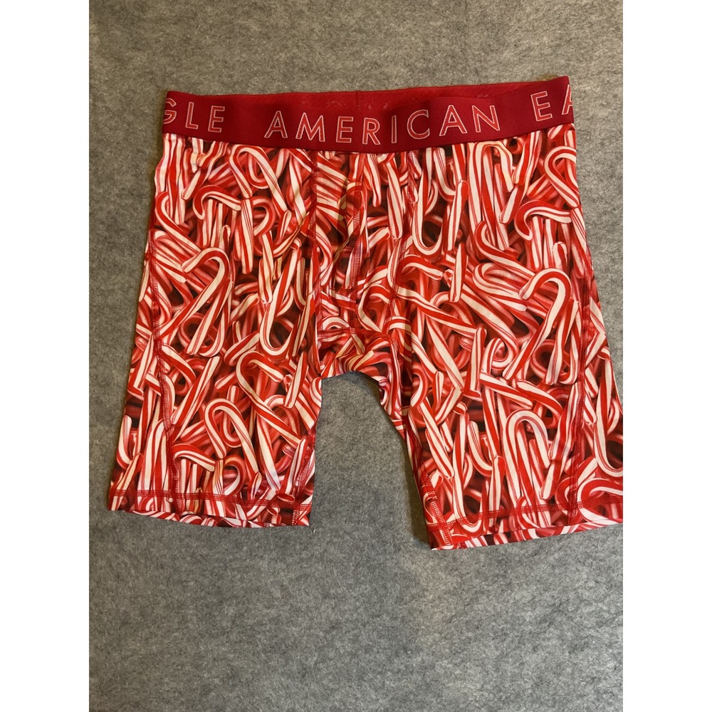 American Eagle Flex Boxer Briefs Mens L Red Candy Cane Holiday Print 6" Inseam